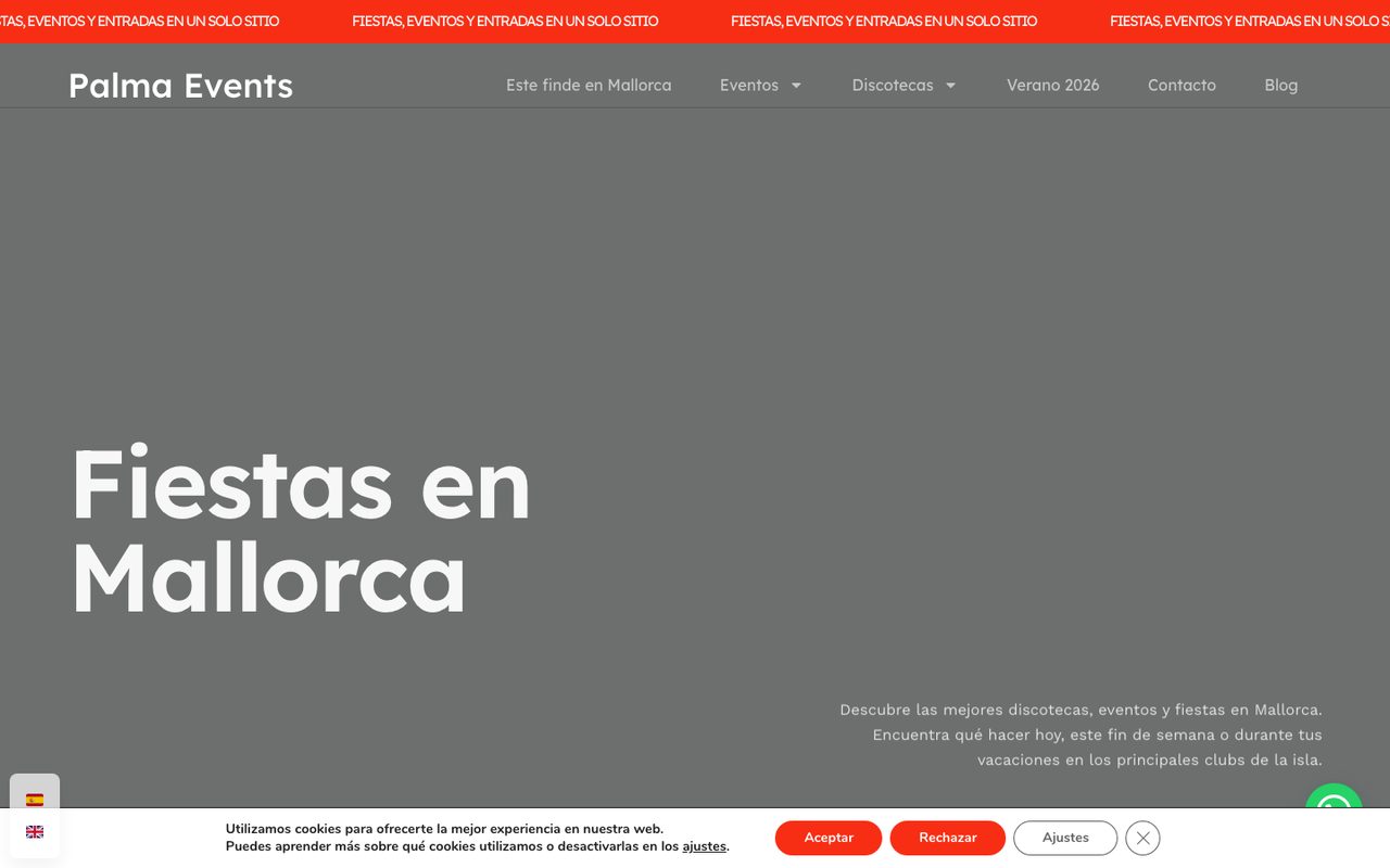 Web de Palma Events, eventos y fiestas en Mallorca