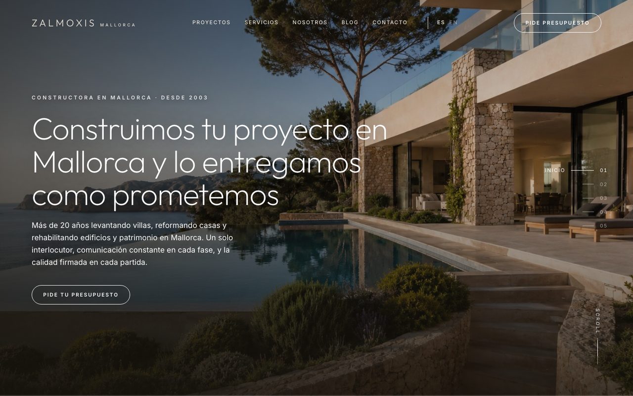 Web de Zalmoxis, constructora en Mallorca, bilingüe español e inglés