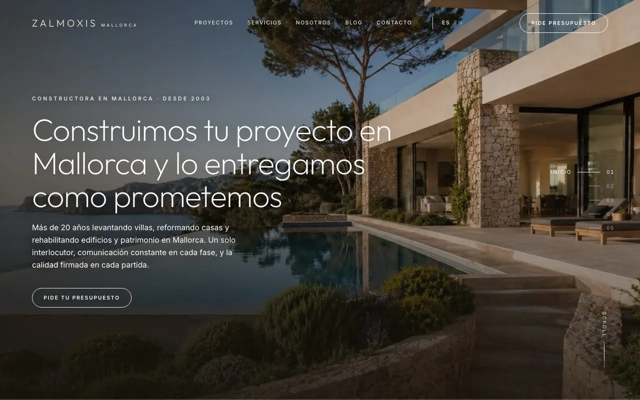 Diseño web a medida bilingüe español e inglés para Zalmoxis, constructora en Mallorca